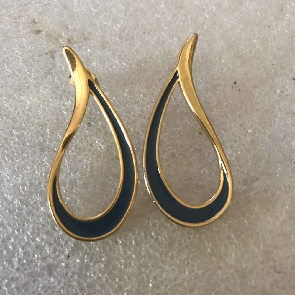 Gold Teardrop Hoop Earrings with Navy Enamel